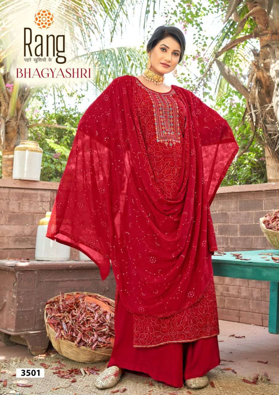 rang bhagyashri series 3501-3504 rayon print work suit 