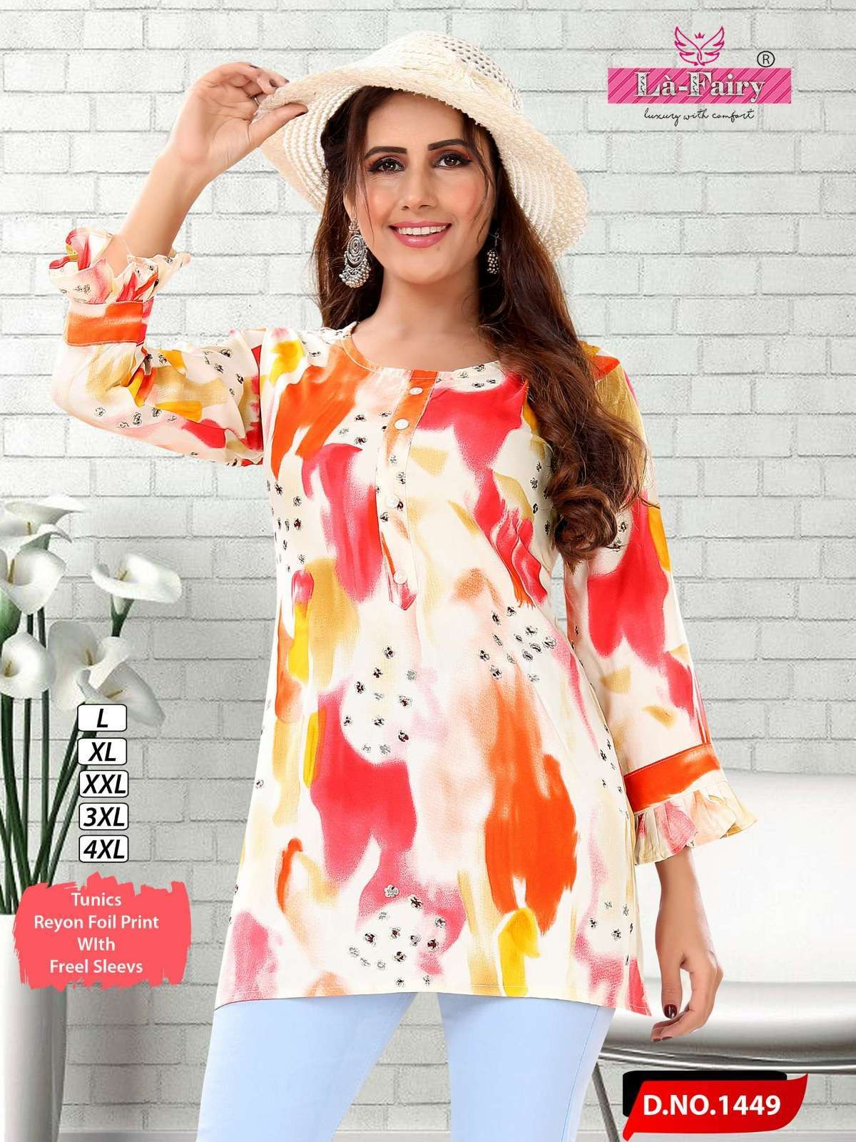 la fairy 1448-1450 fancy rayon foil print tunics tops