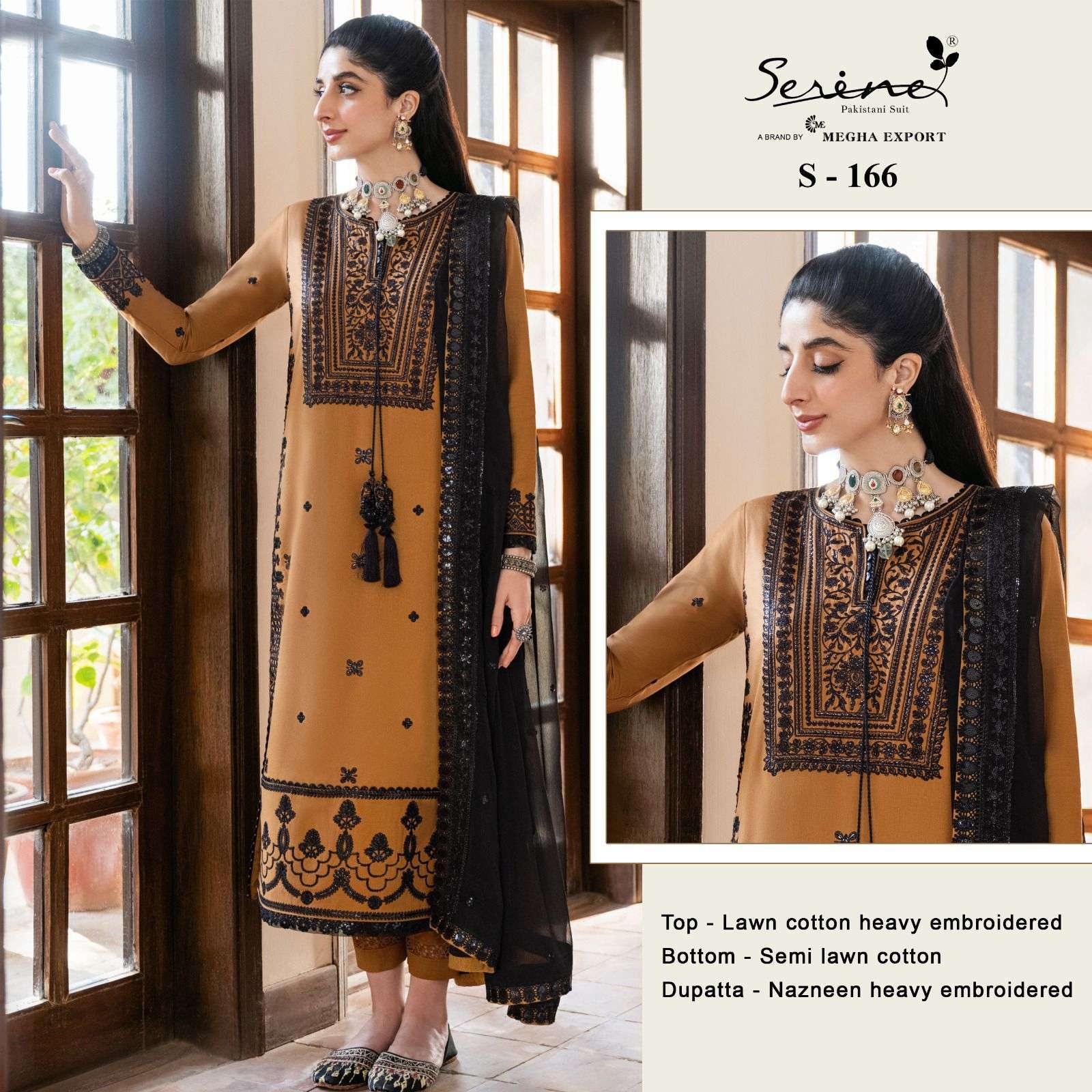 serine S-166 lawn cotton heavy embroidered suit 