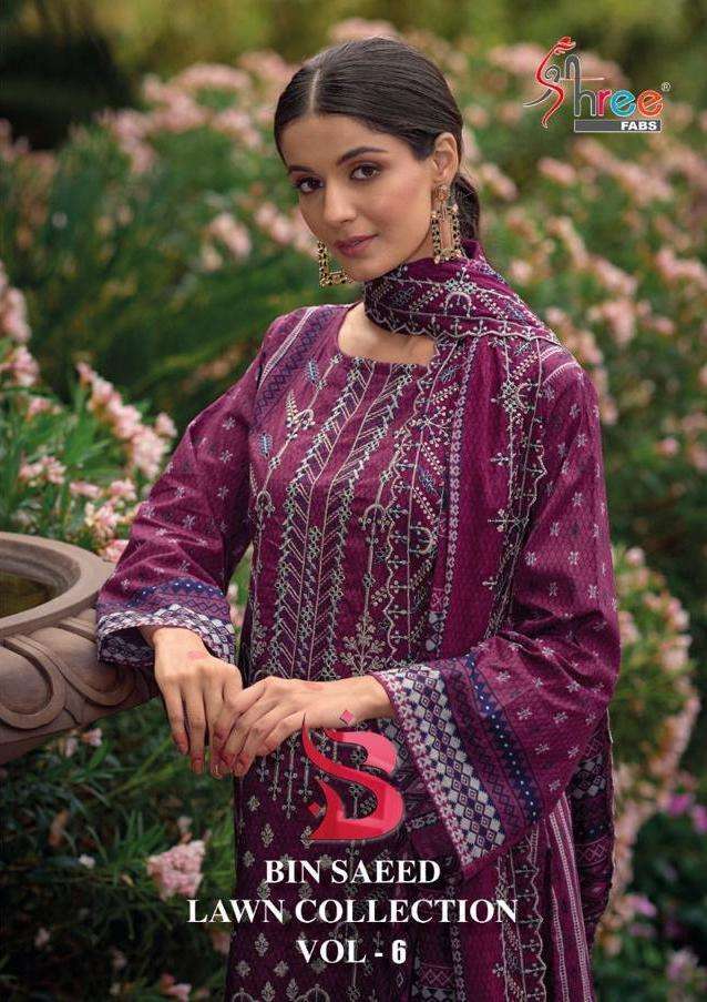 shree fab bin saeed lawn collection vol 6 series 6001-6006 pure lawn suit 