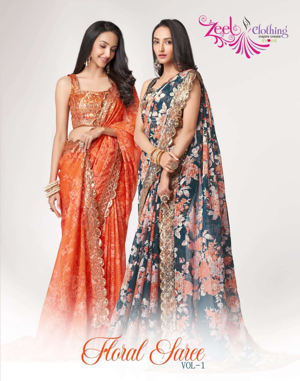 zeel clothing floral saree vol 1 series 1101-1109 Organza saree