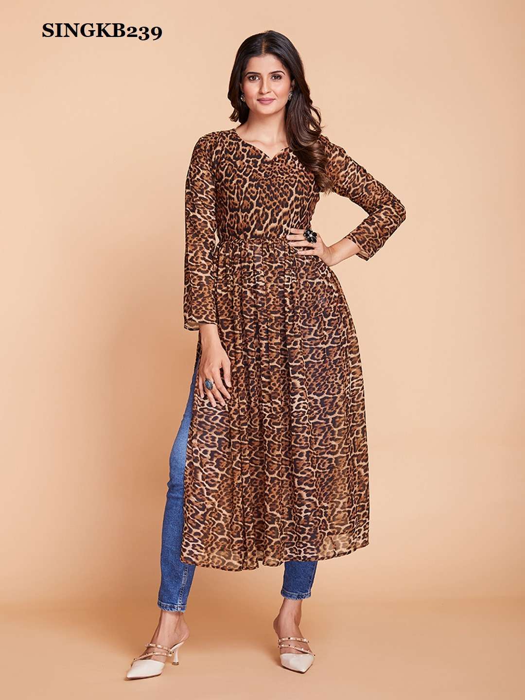 arya singkb239 fancy georgette brown color kurti