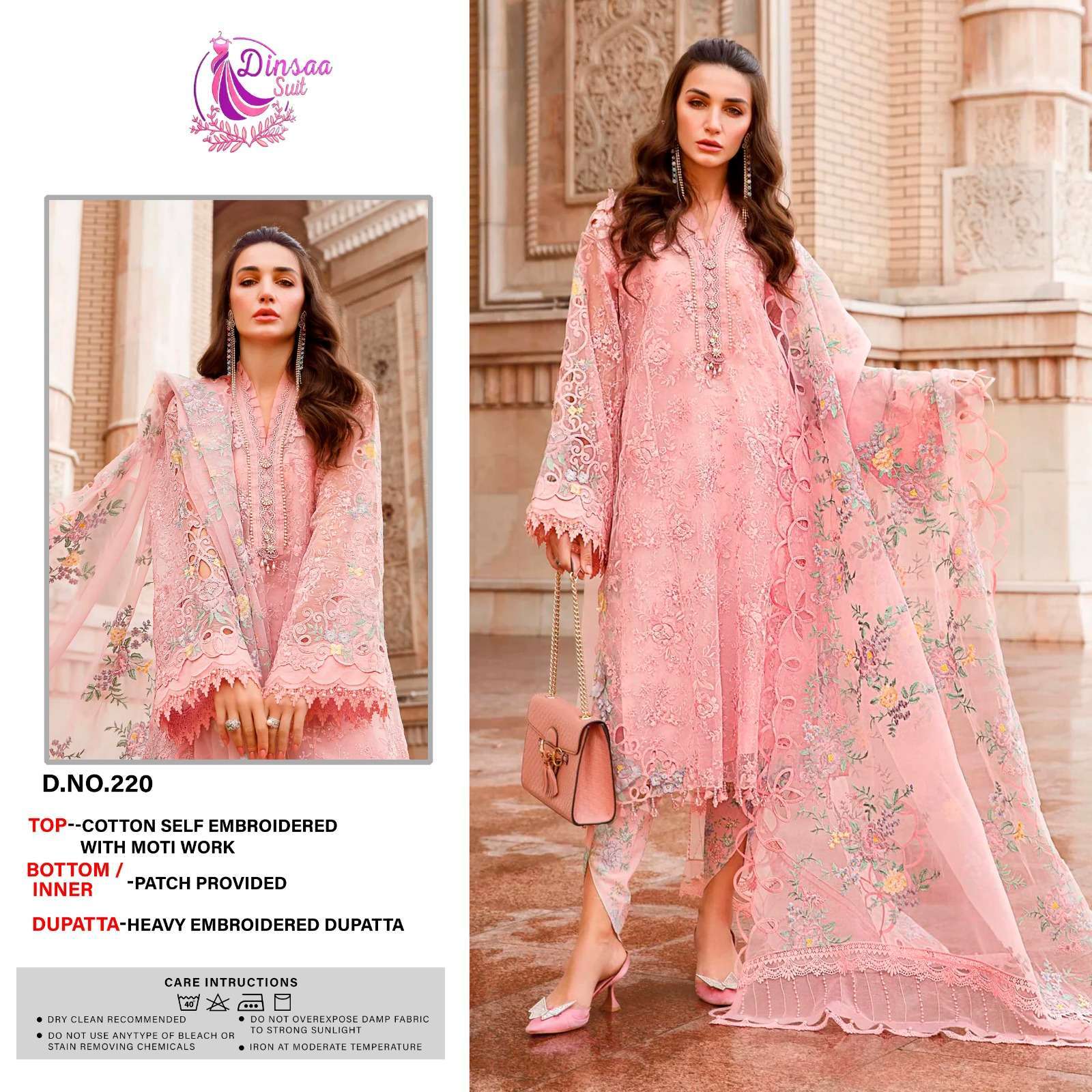 dinsaa 220 pure cotton with heavy embroidery suit 