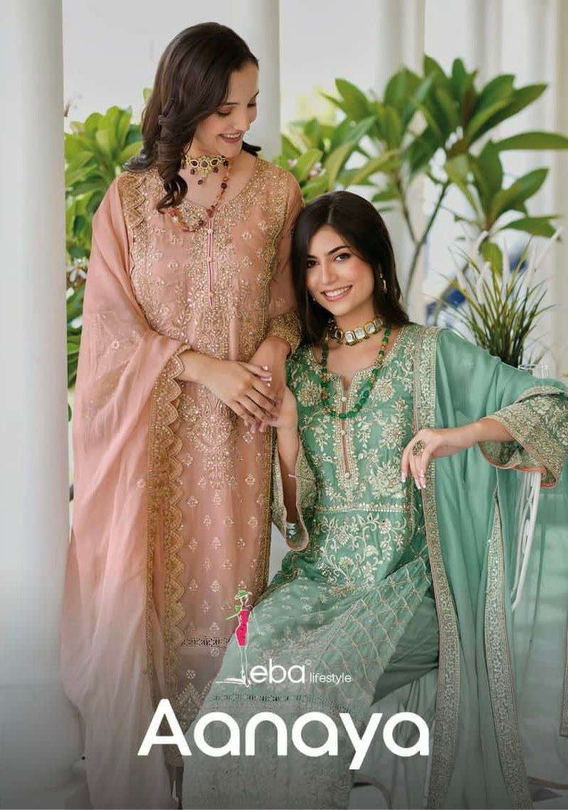 eba aanaya series 1592-1595 soft organza emboidery work suit