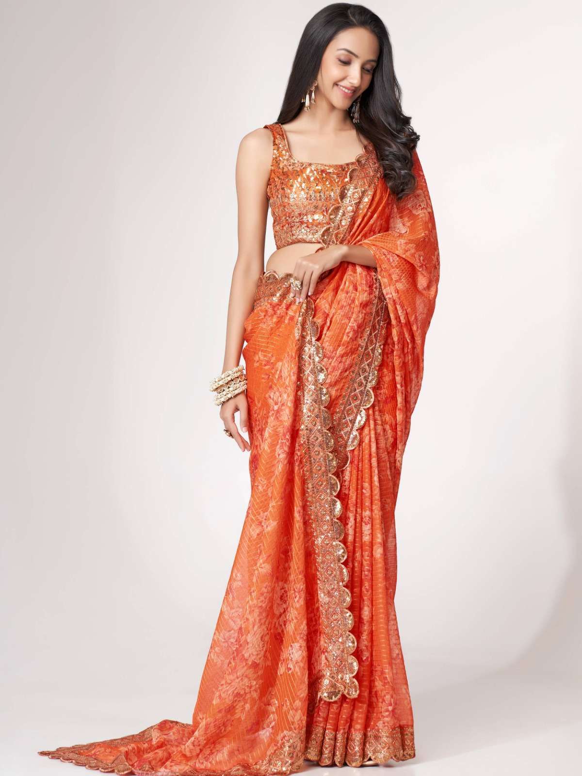 pr 1102 fancy floral designer border wedding wear orange color single saree