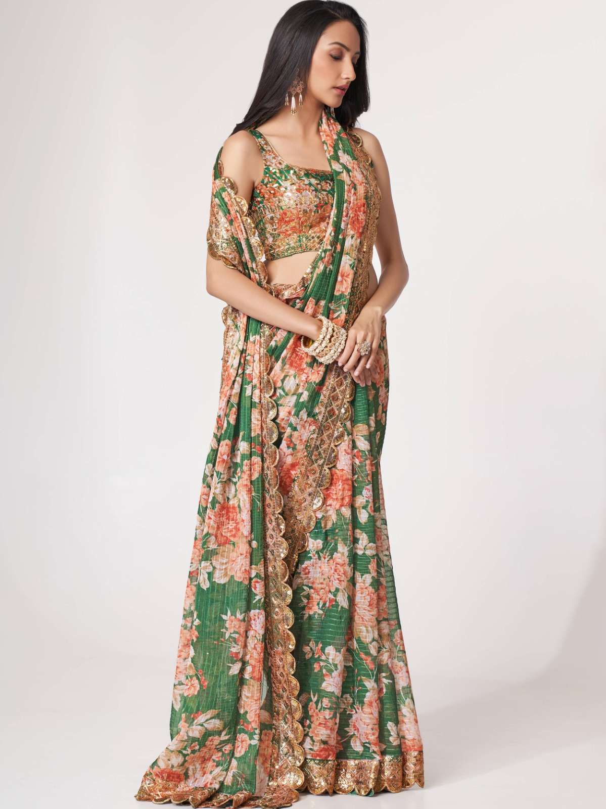 pr 1105 fancy floral print green color organza single saree