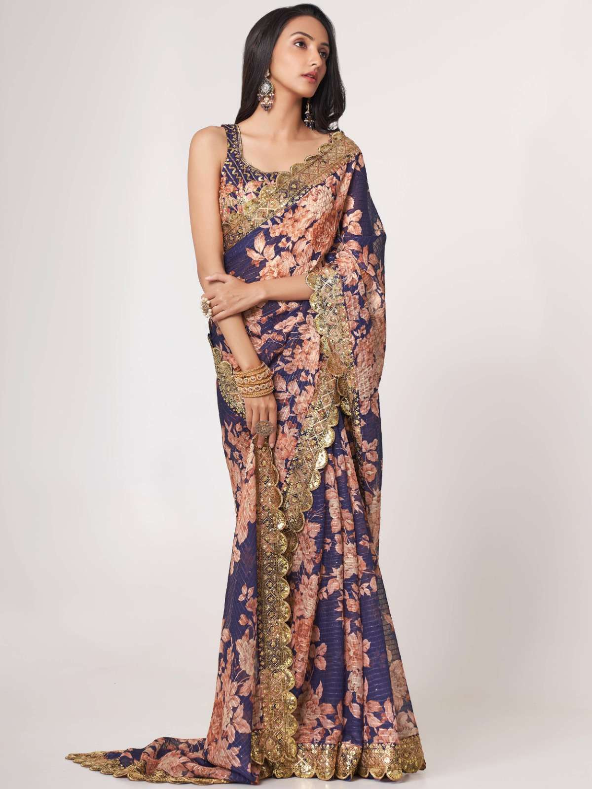 pr 1108 fancy floral printed purple color organza saree
