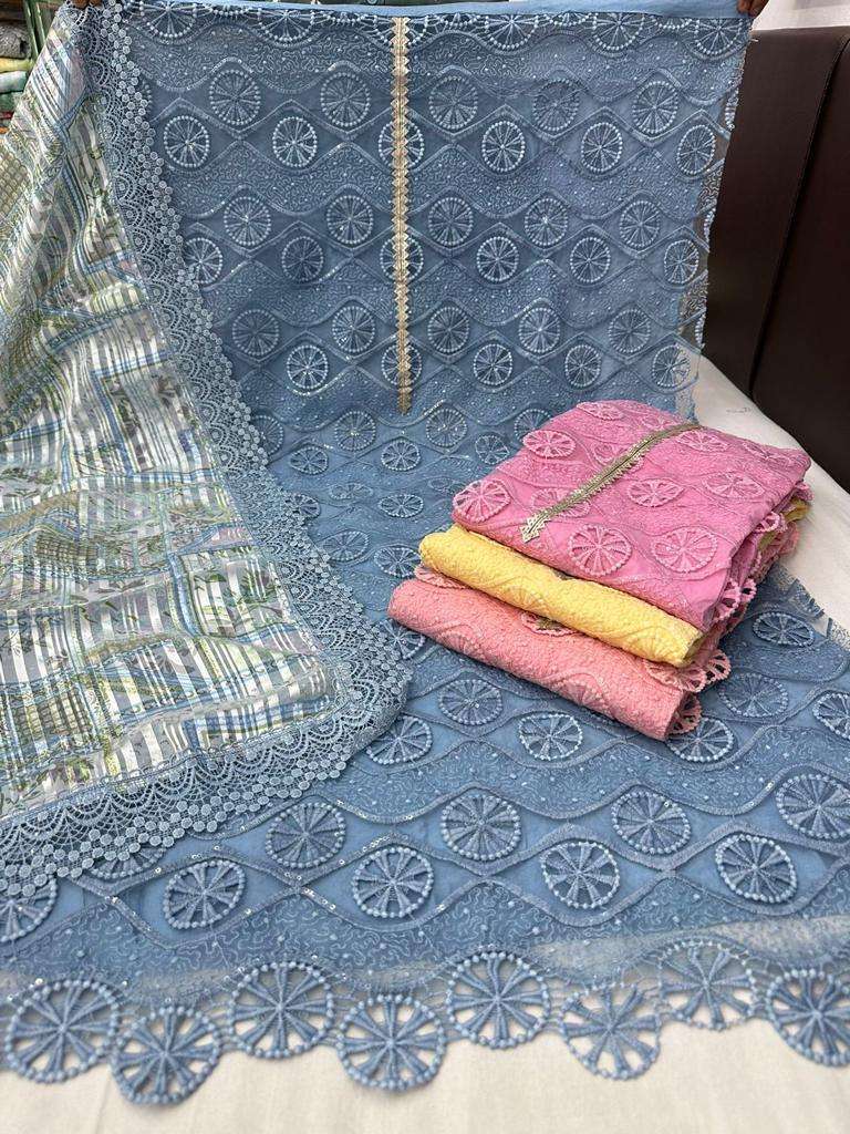 pr 1112 pure cotton chicken designer fancy suits material with brasso dupatta