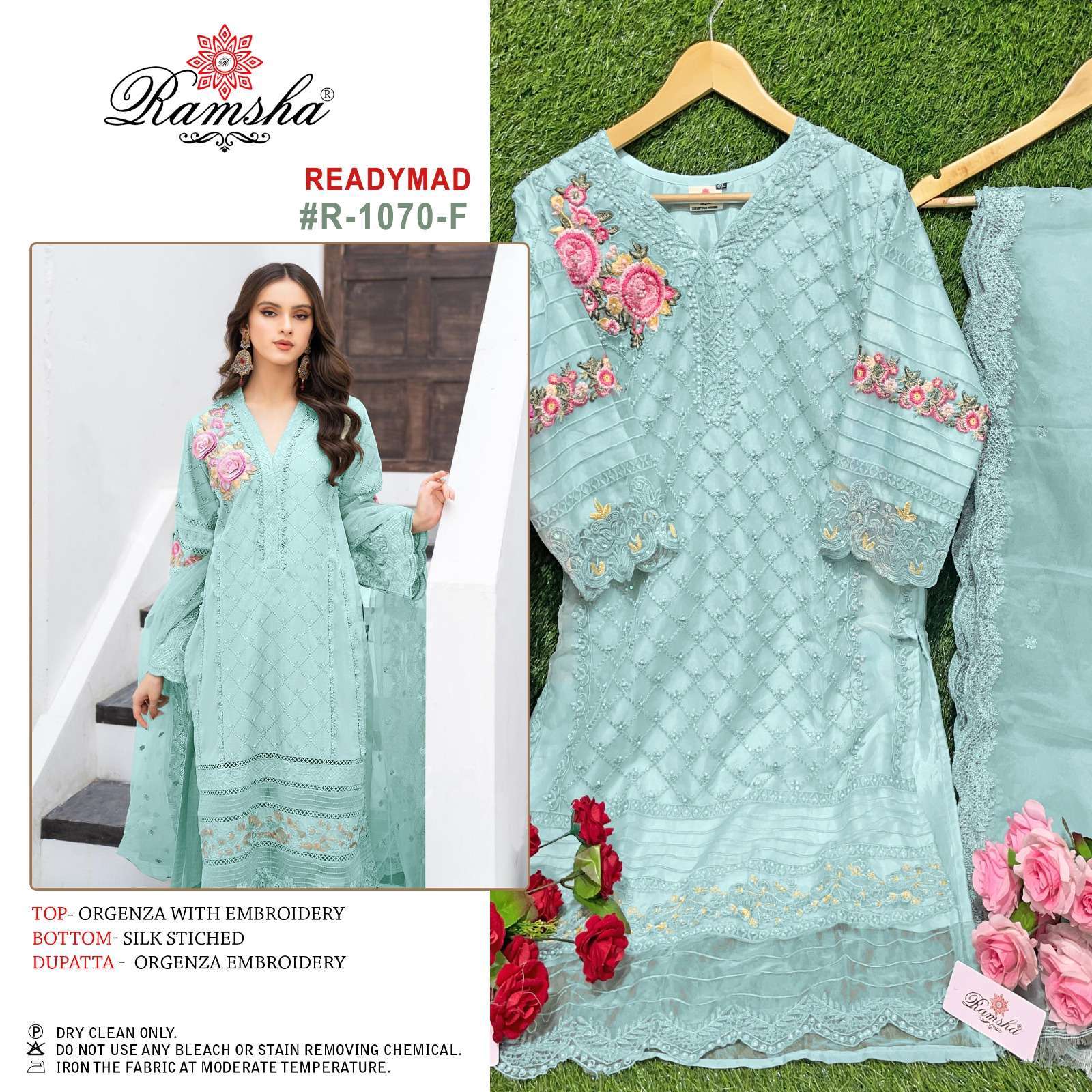 ramsha 1070 light colours organza embroidery suit