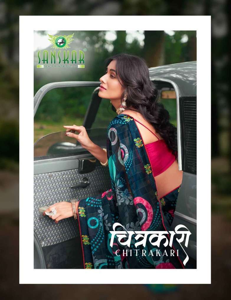 sanskar tex chitrakari series 18001-18012 Scarlet print with fancy borders saree
