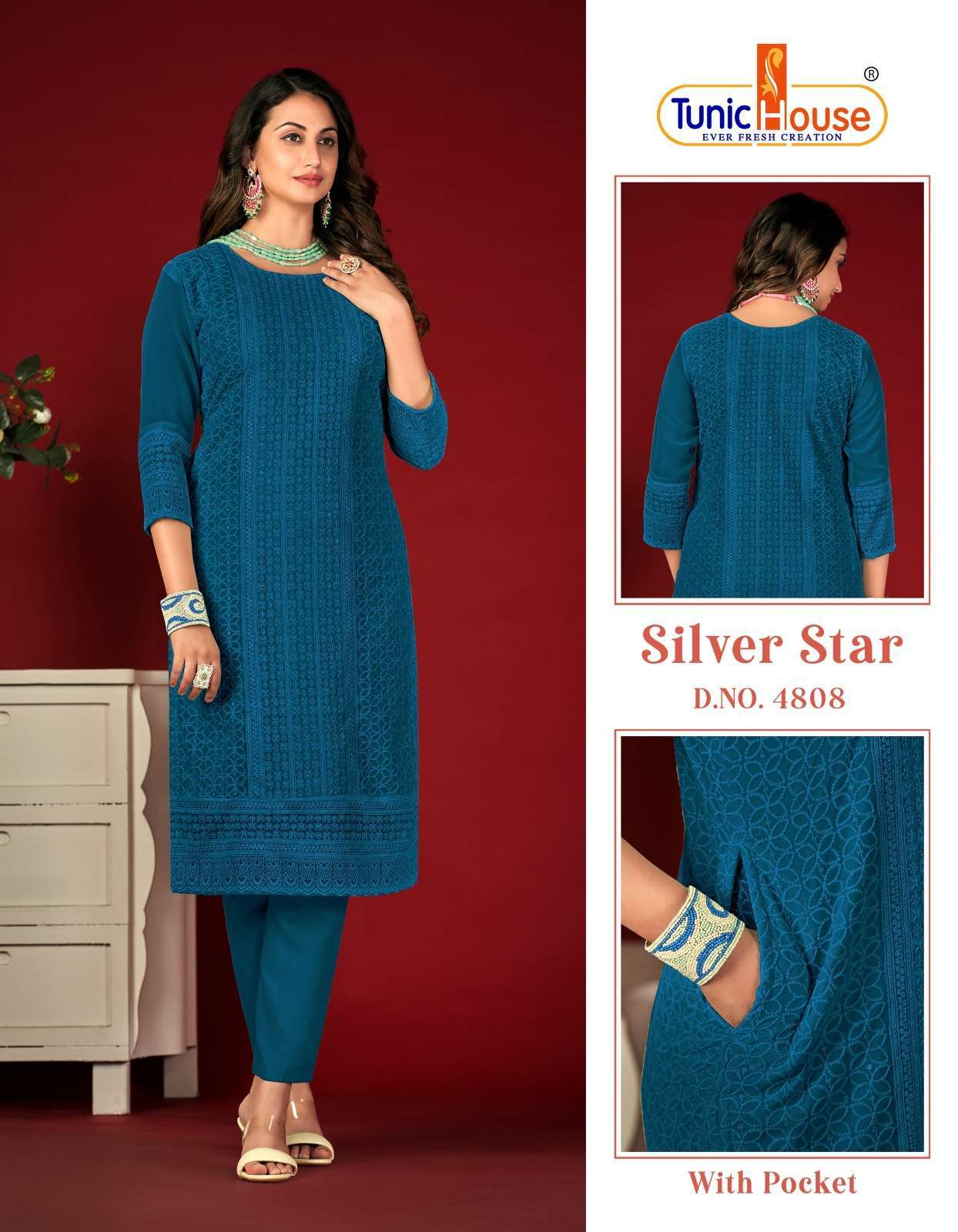 tunic house silver star series 4801-4814 apple georgette kurti 