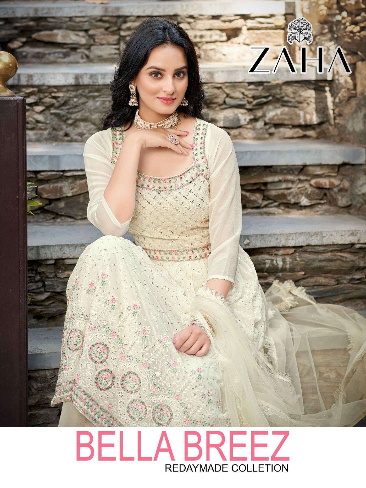 zaha bella breez series 1008 georgette embroidered suit 