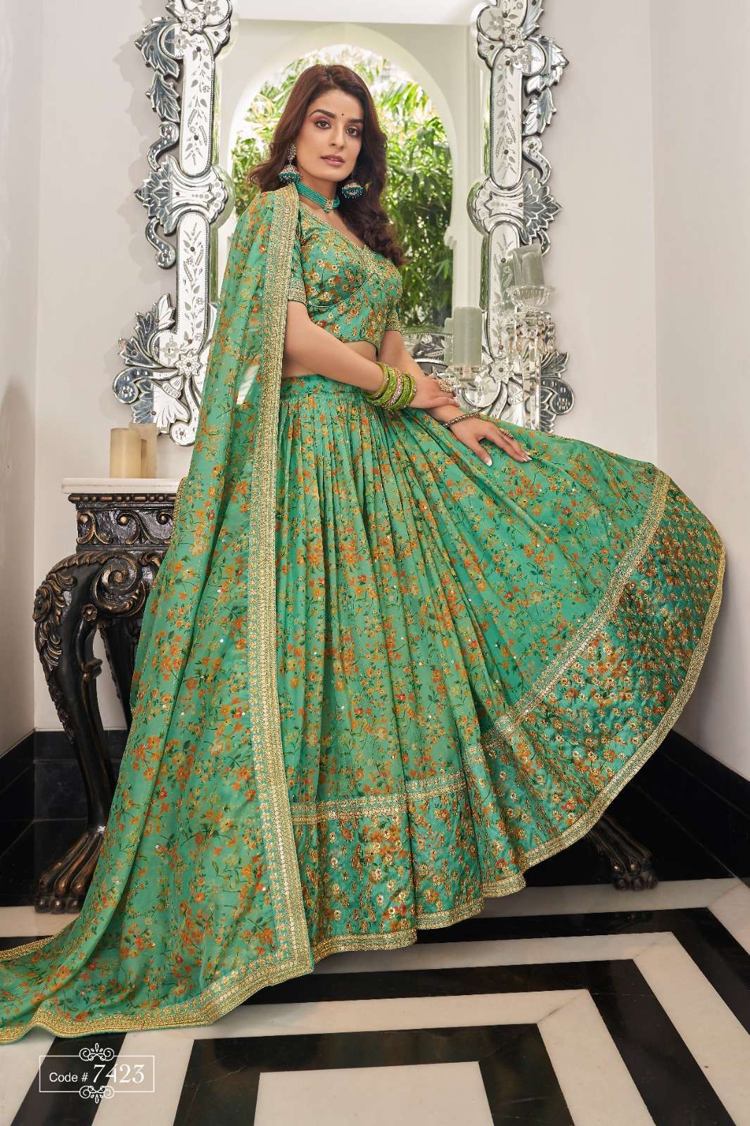 zeel 7423 Organza Zari Embroidery Work with Floral Print lehenga