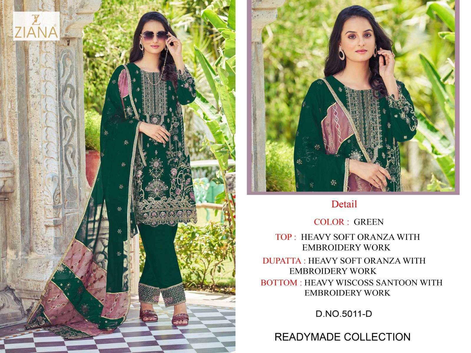 ziana 5011 colors Soft organza readymade suit