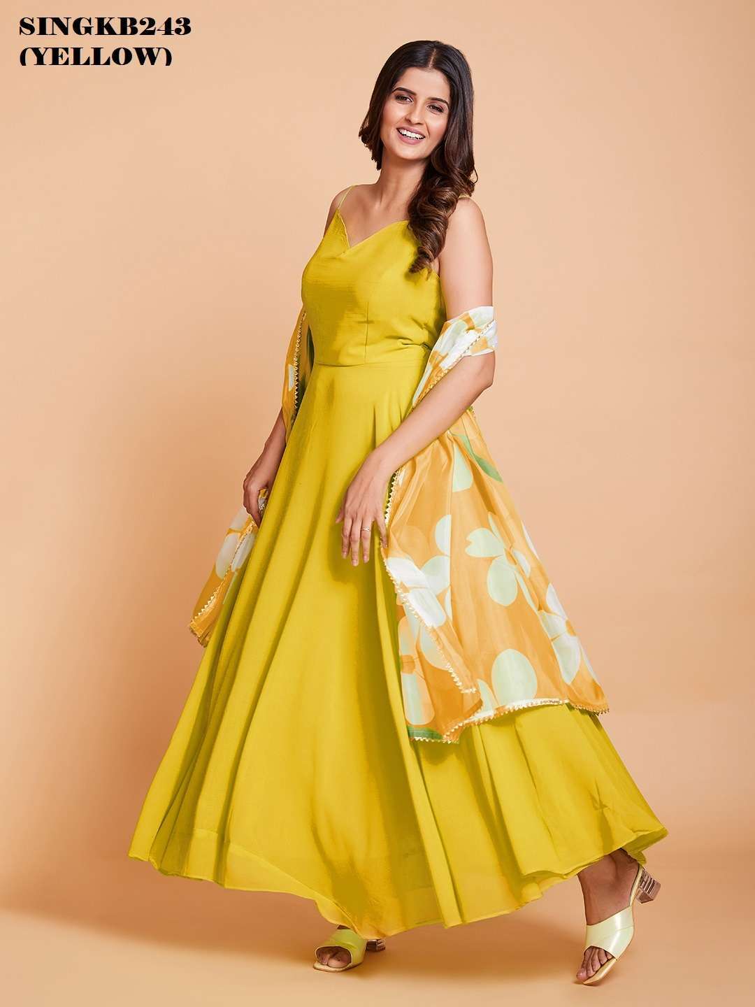 arya singkb243 yellow color fancy long gown with dupatta 