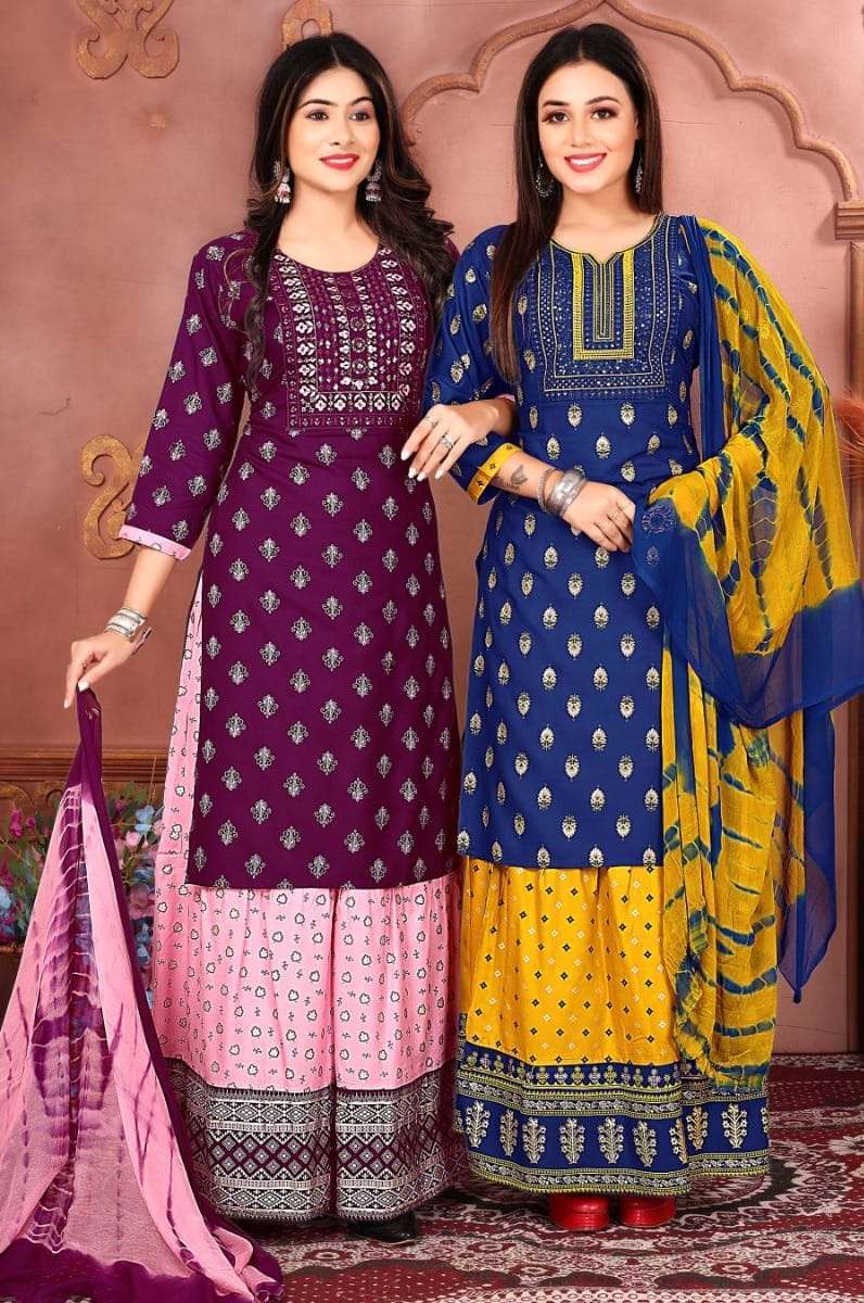 kinti radhika vol 2 Reyon 14kg Foil print mix and match suit