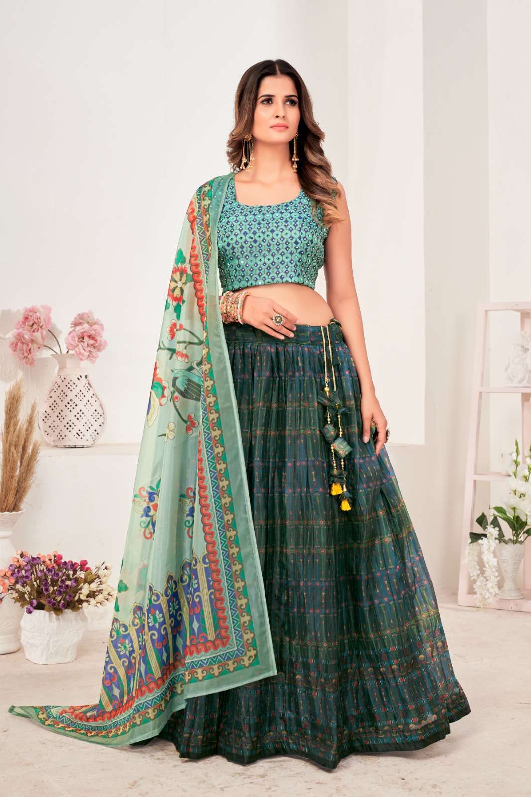 pr c 10594 readymade designer blouse with organza lehenga and dupatta