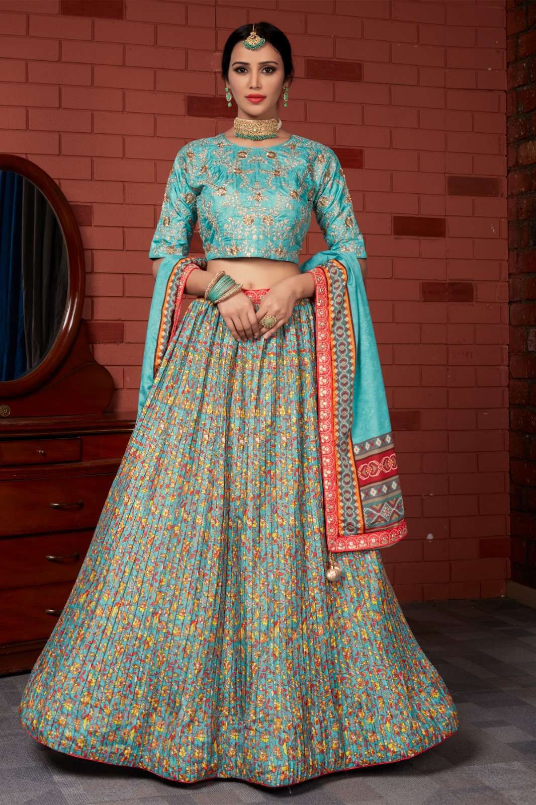 pr c 1989 readymade designer crop top with printed lehenga and dupatta