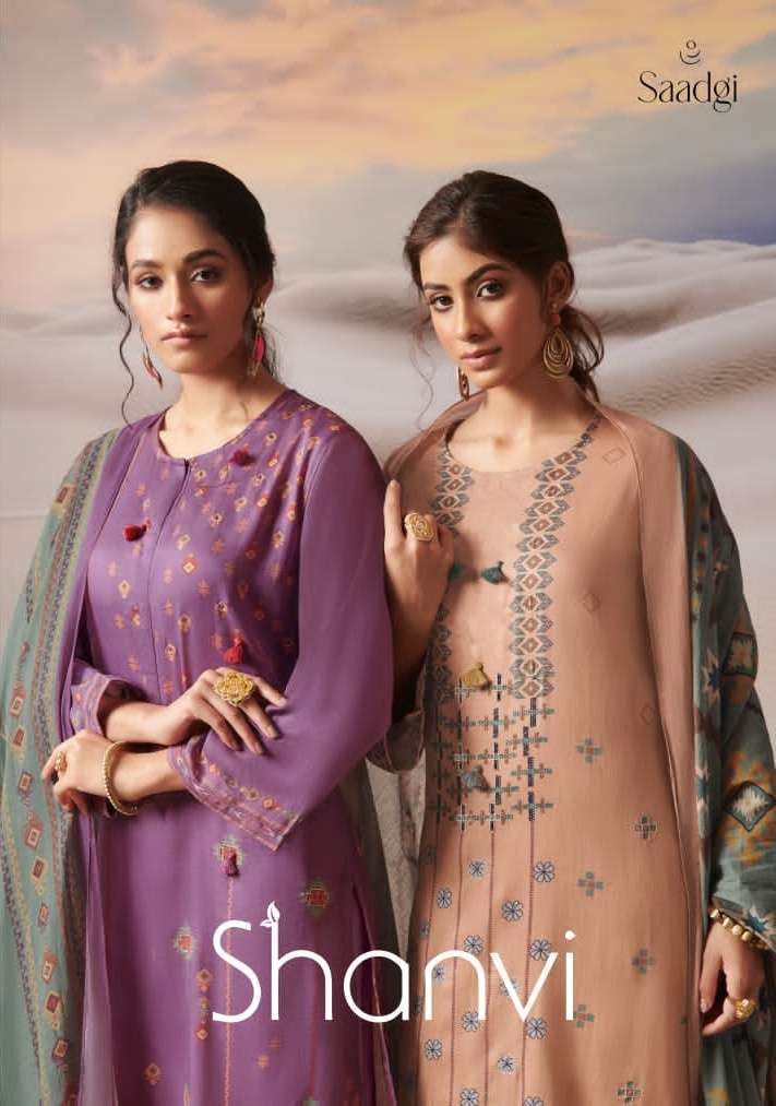 saadgi shanvi cotton satin print handwork suit