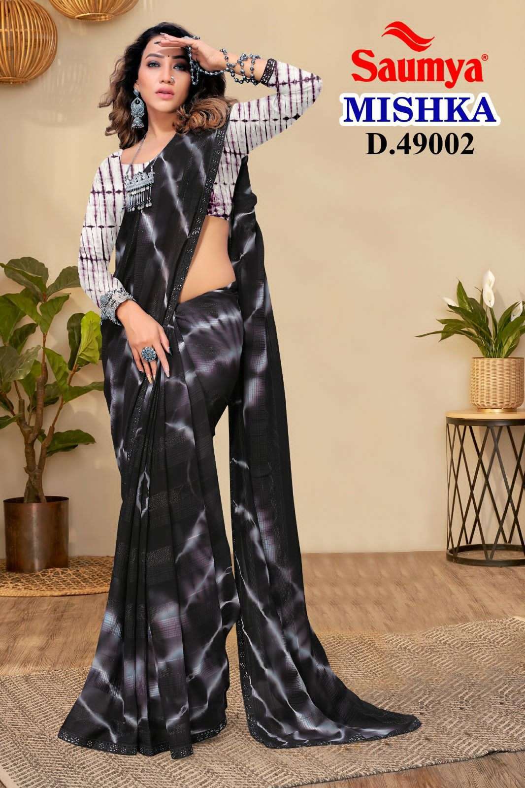 saumya mishka series 49001-49008 Georgette Kundan pattern with Shibhori print saree