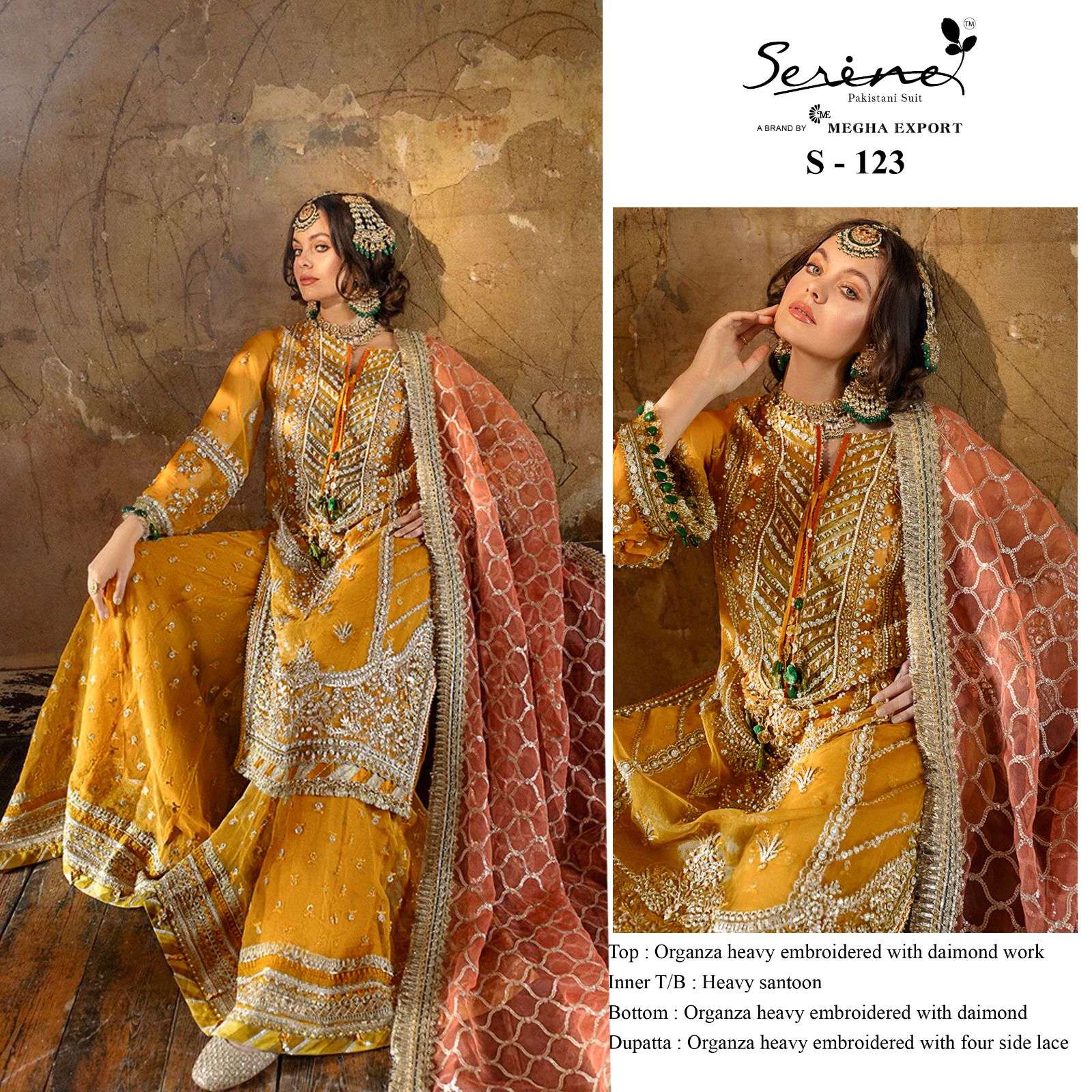 serene S-123 designer organza heavy embroidered suit 