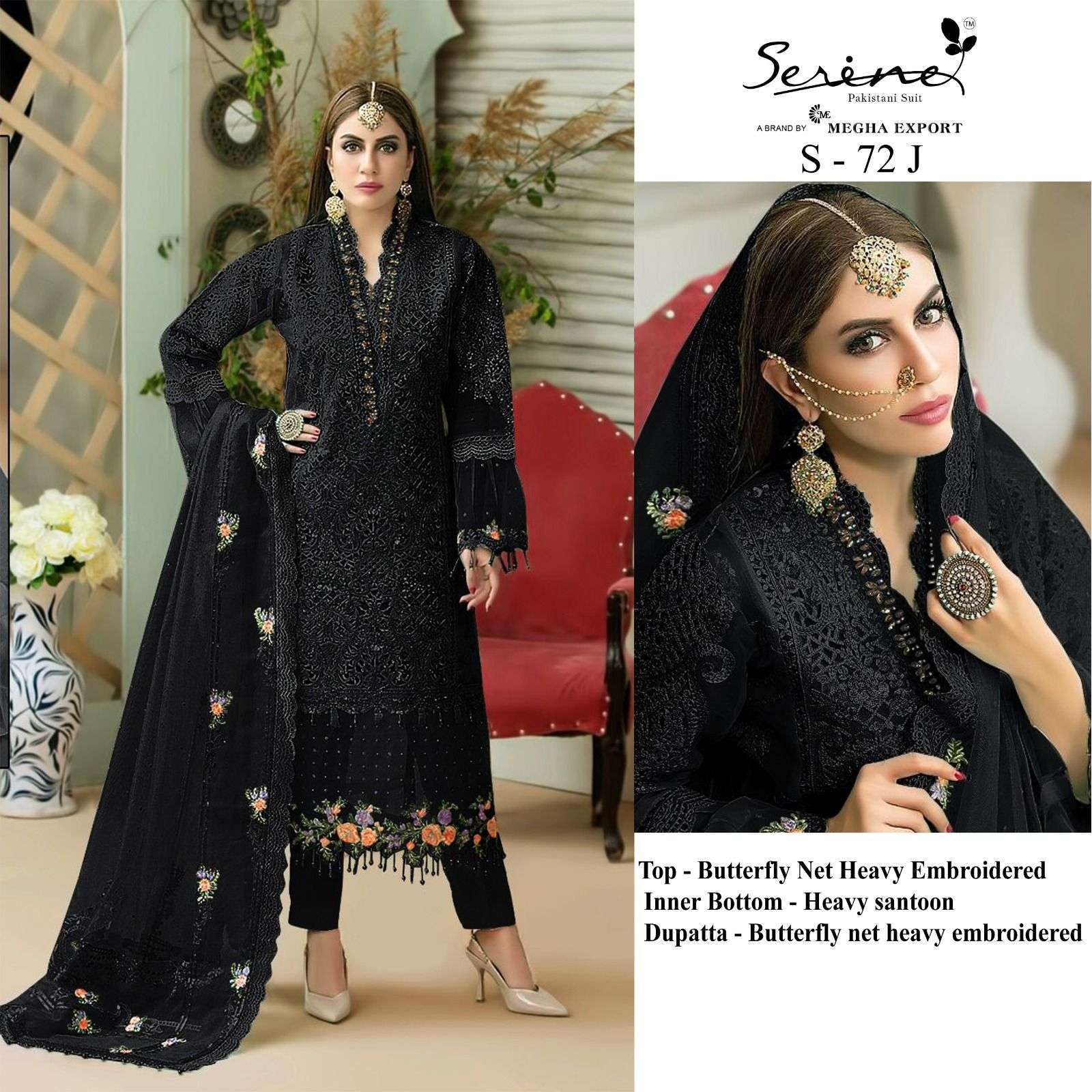 serine 72 ij black & white butterfly net embroidered suit 