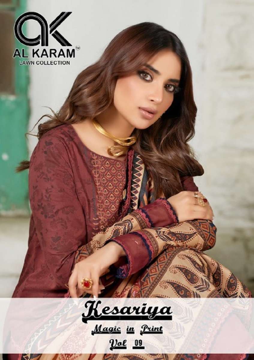 Al Karam Kesariya Vol-9 series 9001-9006 pure cambric cotton suit 