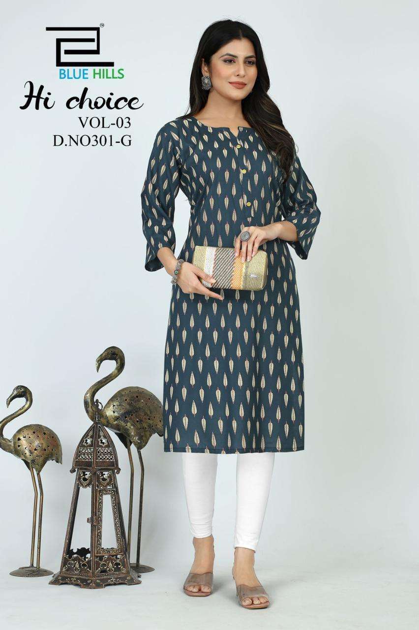 blue hills hichoice vol 3 series 301 Rayon 14 kg fabric kurti