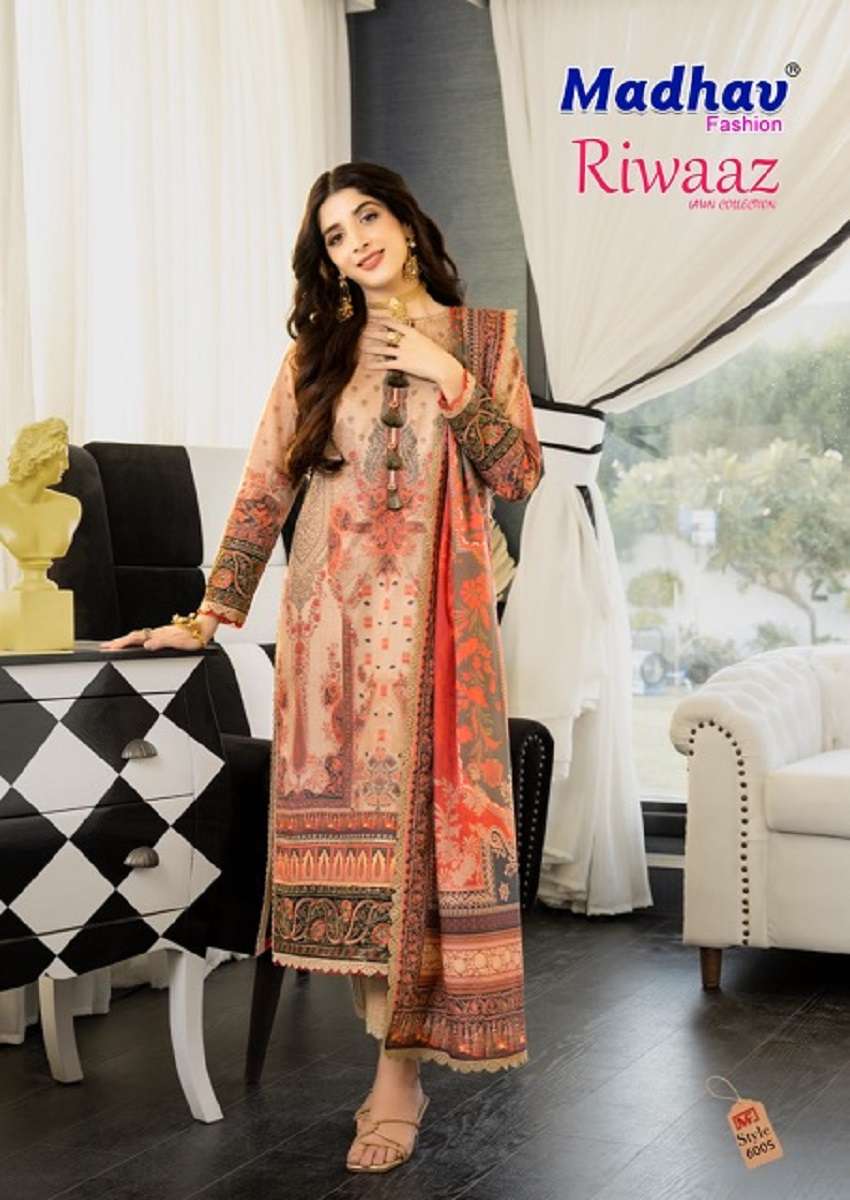 Madhav RIwaaz Vol-6 series 6001-6006  Pure Lawn Cotton suit