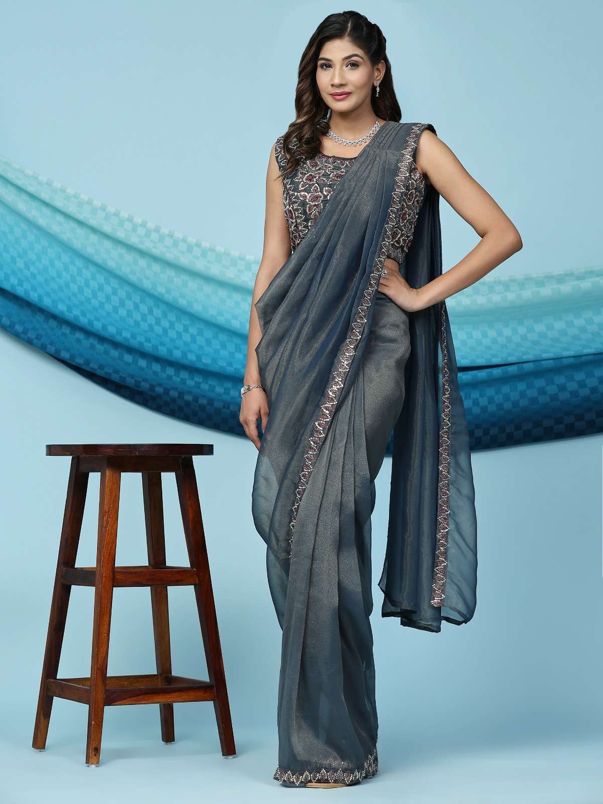 pr 250 shimmer fabrics embroidered border saree