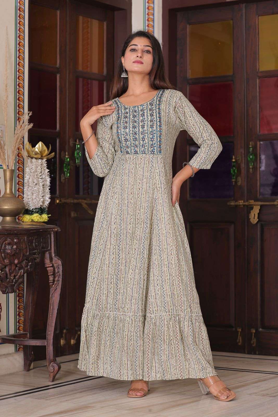 pr rayon long gown readymade printed flair long kurti