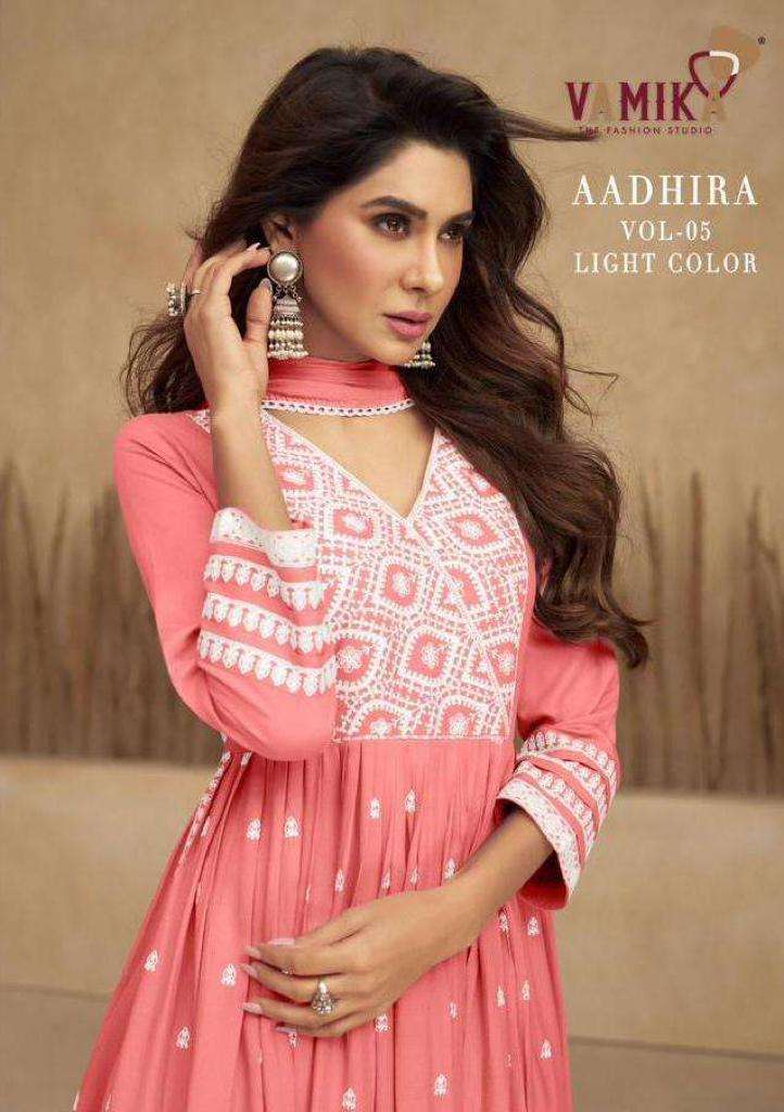 vamika aadhira vol 5 light color series 1107 pure rayon viscose suit 