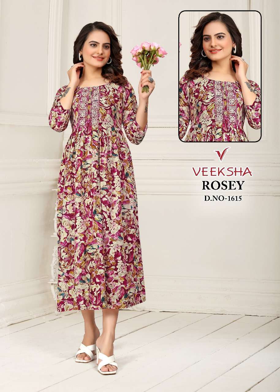 veeksha rosey series 1602-1617 rayon foil print kurti