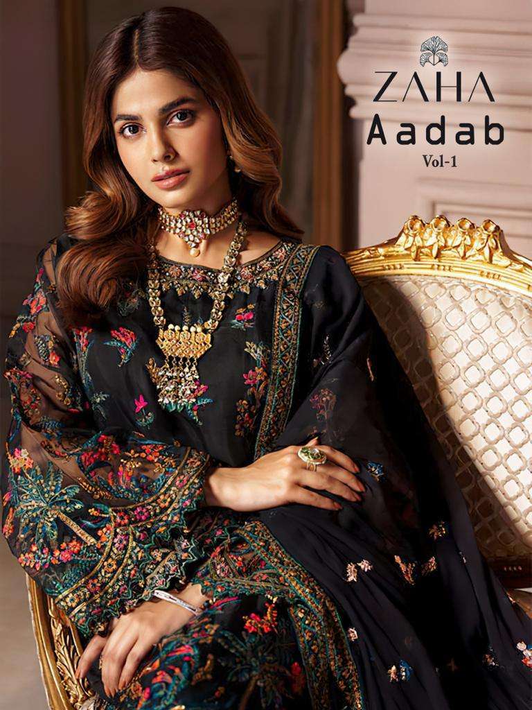 zaha aadab vol 1 series 10203-10205 georgette embroidered suit