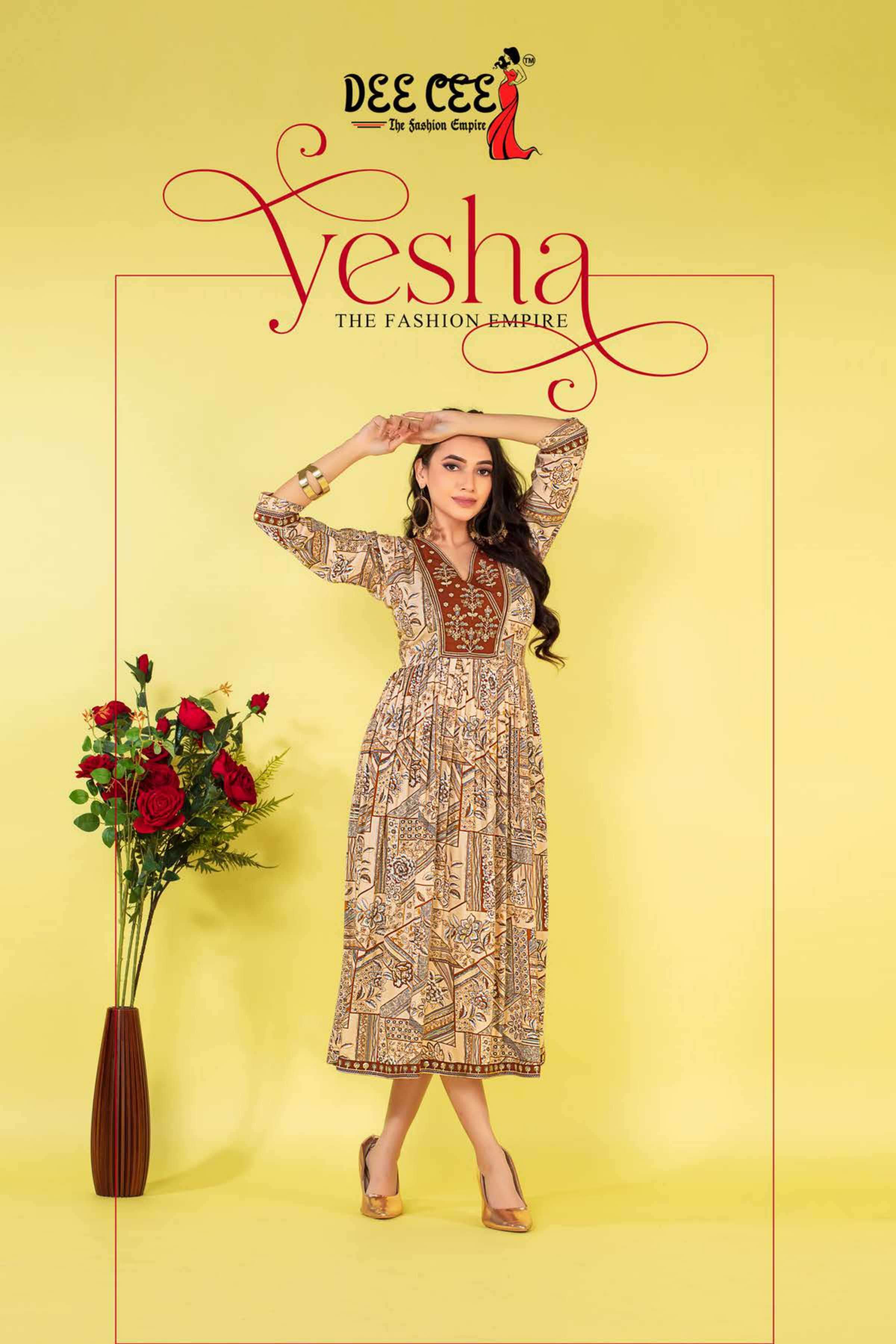 dee cee yesha series 101-106 heavy rayon print kurti 