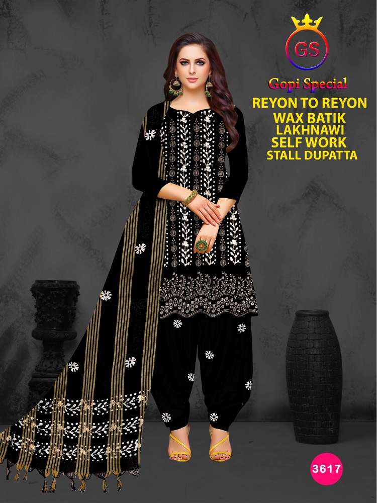 GS Rayon Wax Batic Lakhnavi Work series 3621-3628 Heavy Rayon suit