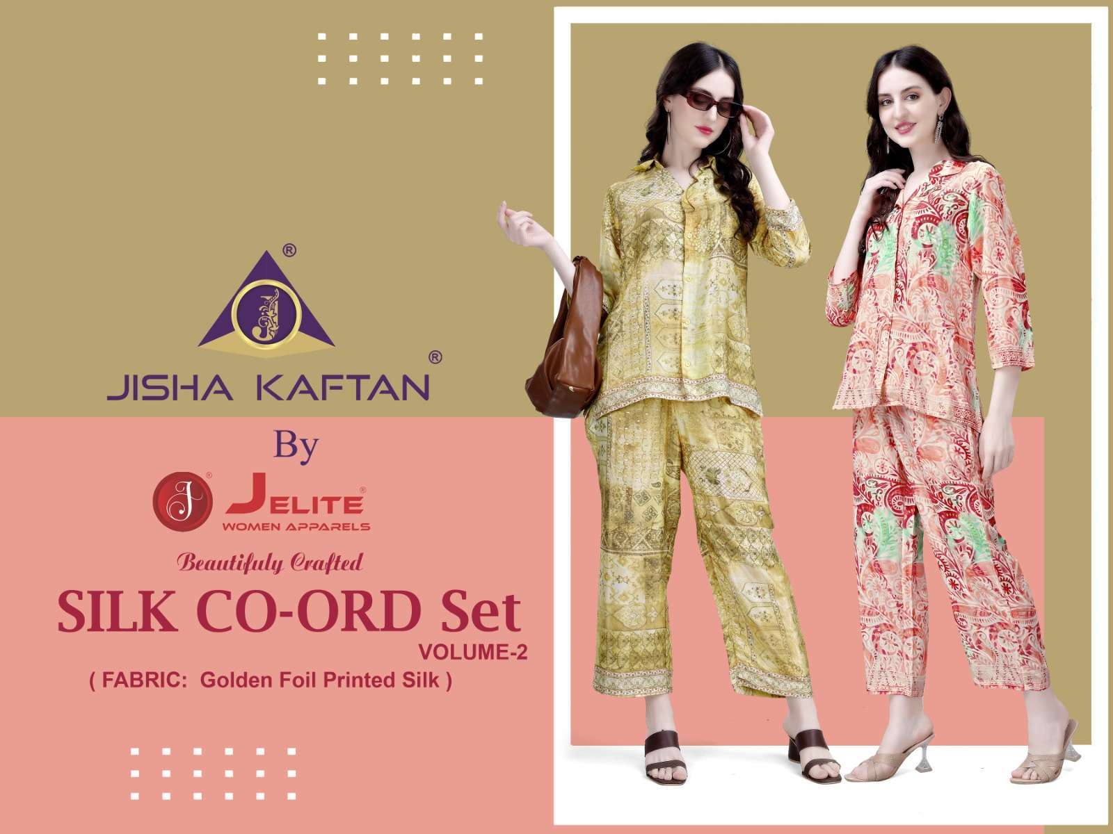 Jisha Kaftan Silk Co ord Set Vol 2 series 3020-3026 Golden Foil Printed silk co-ord sets