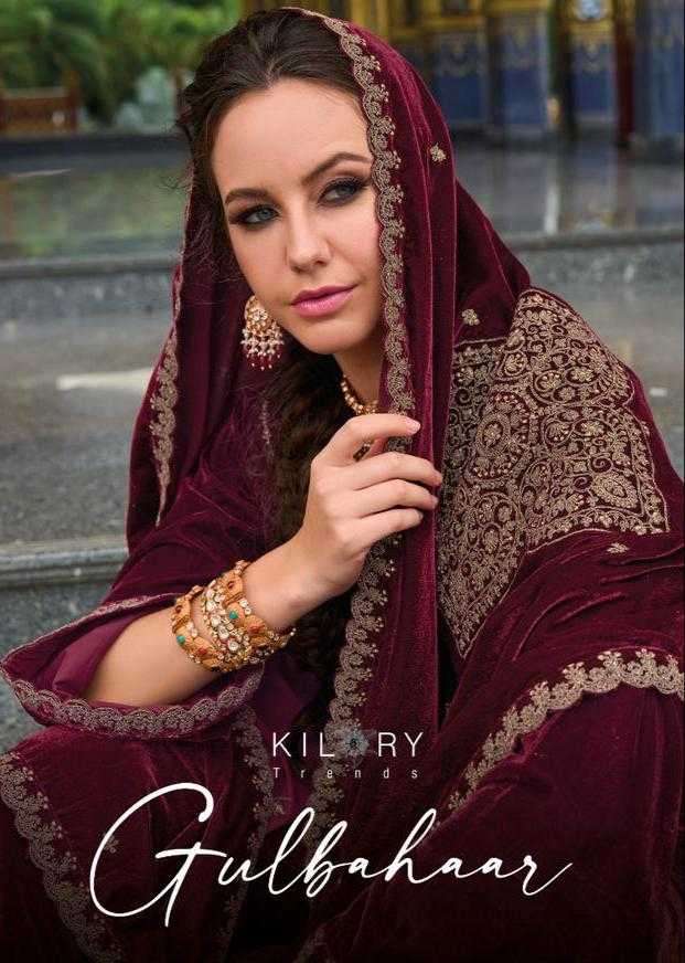 kilory trends gulbahaar series 561-566 pure velvet with fancy work suit