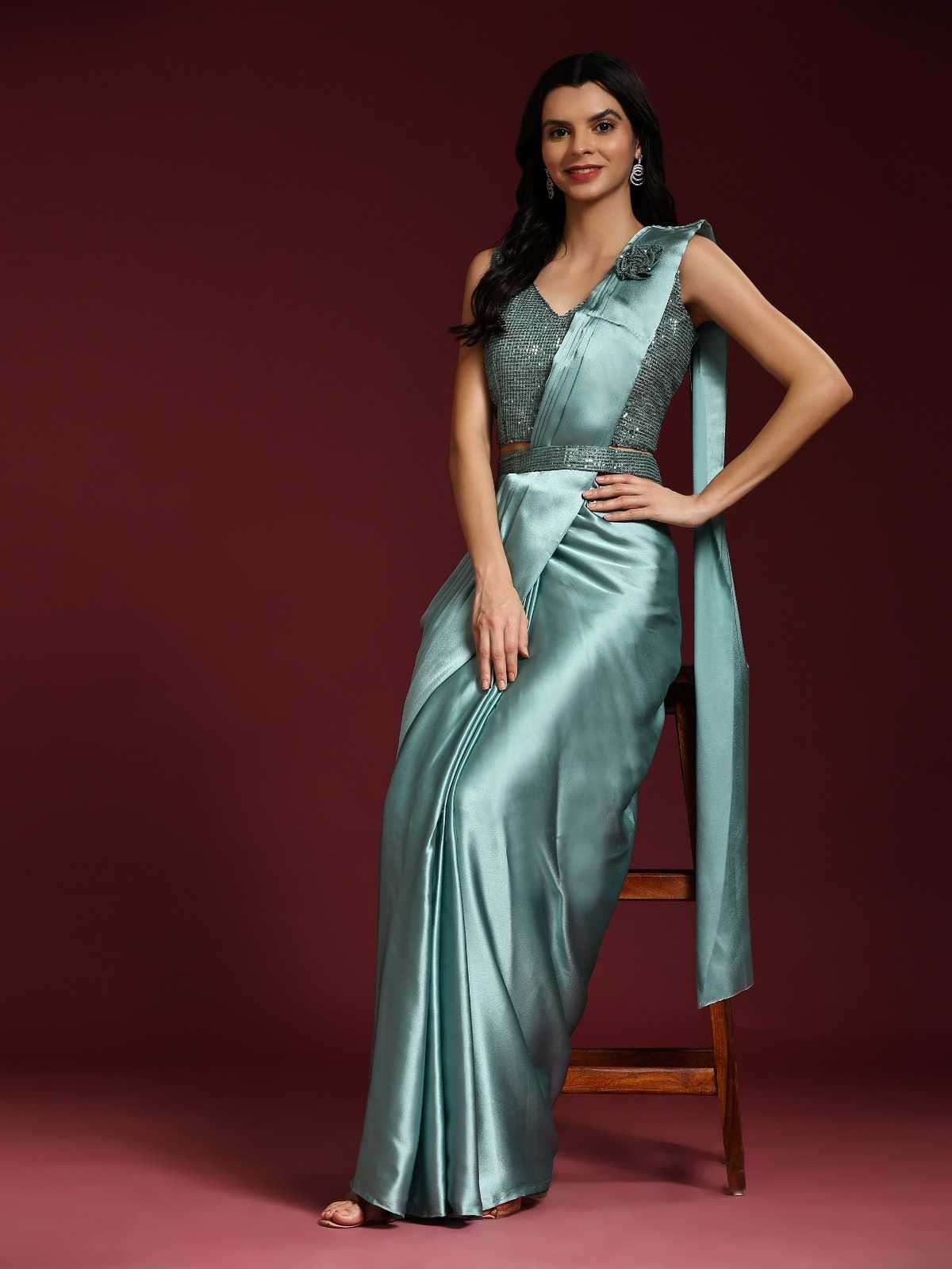 Pr 101109 imported satin fabric and belt saree