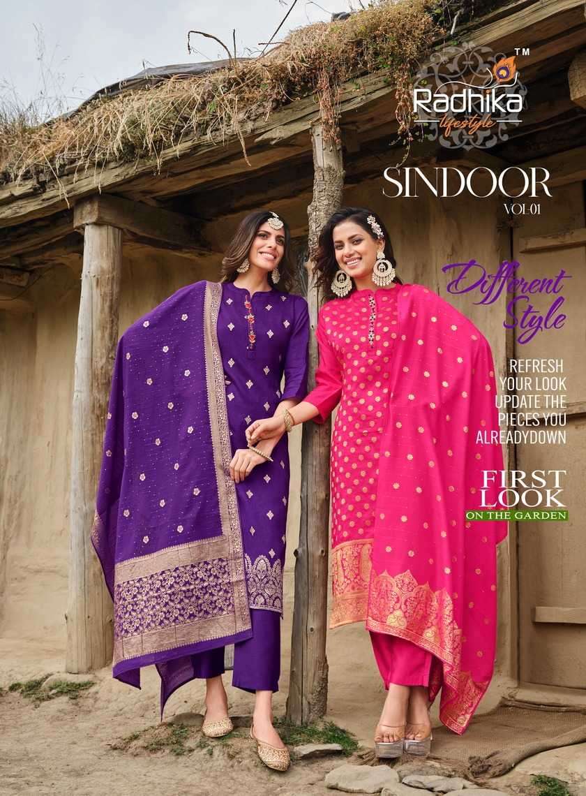 radhika lifestyle sindoor vol 1 series 1001-1006 pure dola silk jacquard suit 