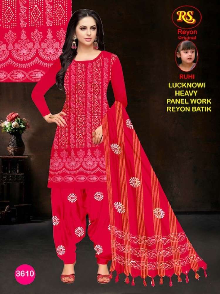 RS Rayon Batic Penal With Lakhnavi Work series 3601-3610 Heavy Rayon Print suit