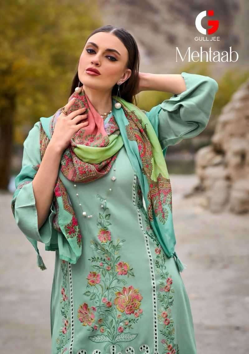 gull jee mehtaab series 401-406 viscose pashmina with heavy embroidery suit