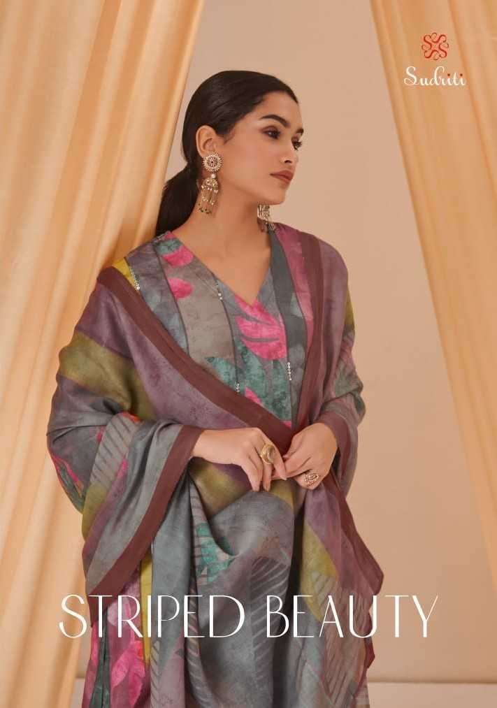 sudriti striped beauty pashmina twill digital print with handwork suit  