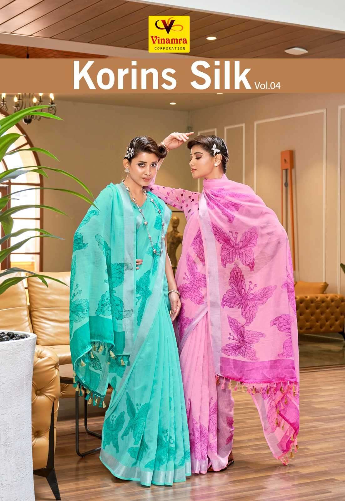vinamra korins silk vol 4 series 6025-6032 lilen patta saree