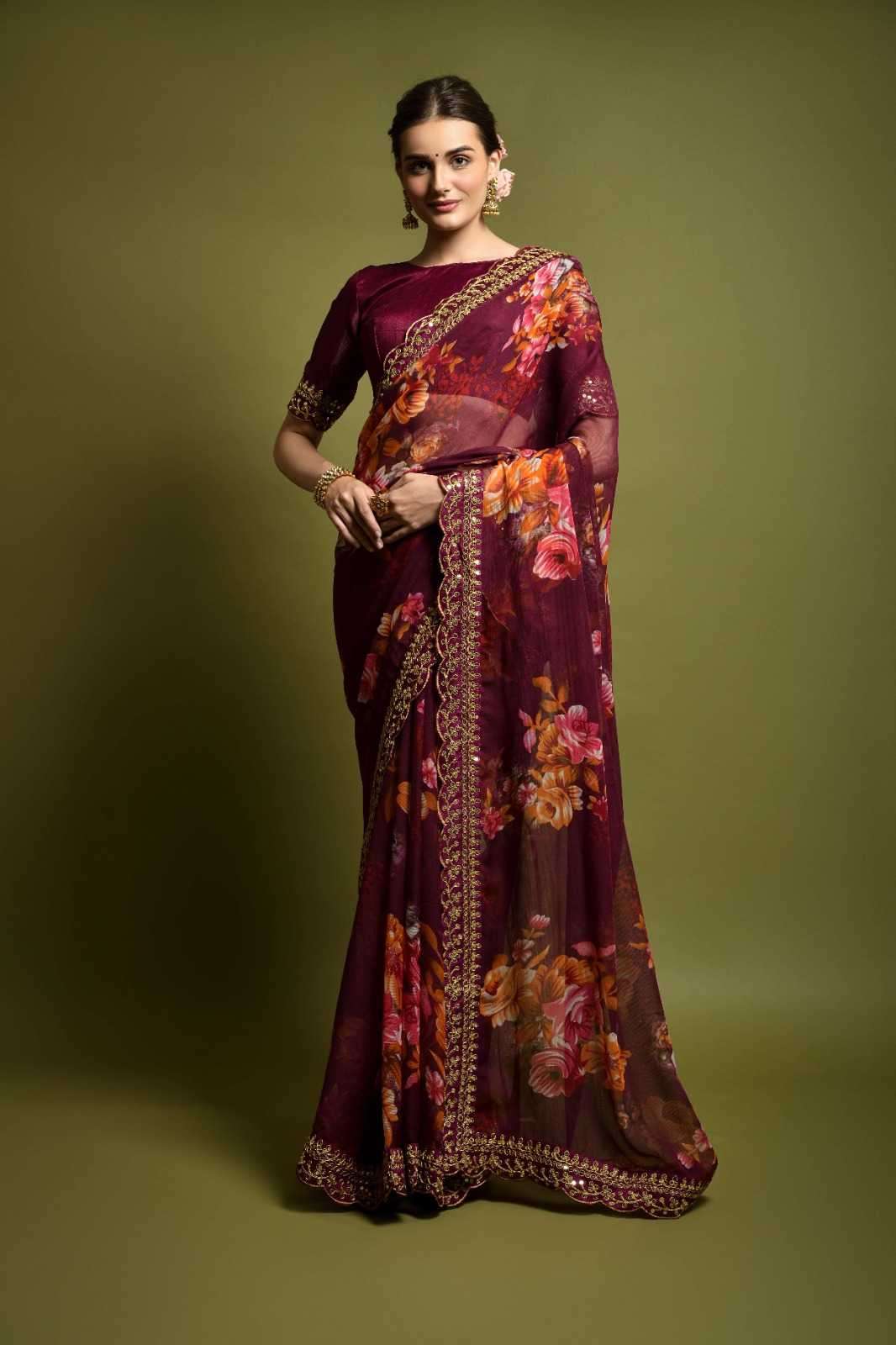 fashion berry velle print traditional wear georgette beautiful saree