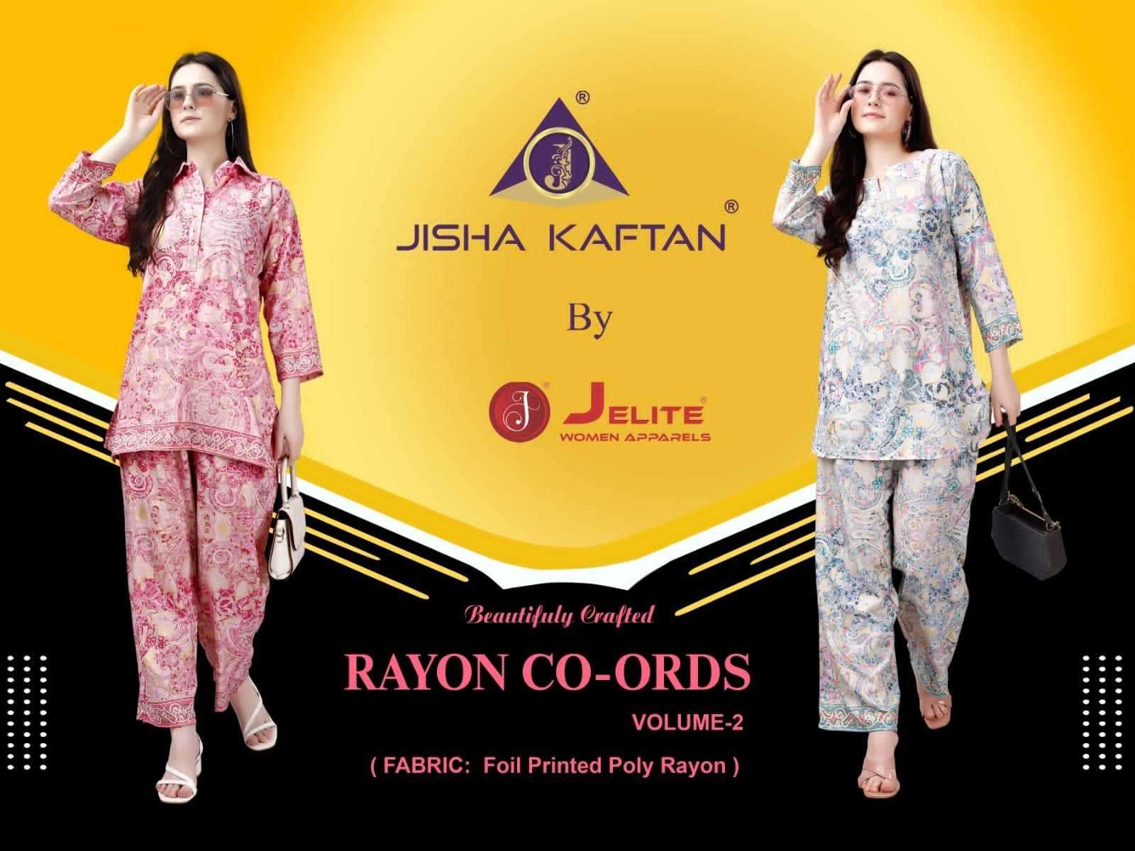 jisha kaftan rayon co-ord vol 2 series 3055-3060 Printed Rayon co-ord sets