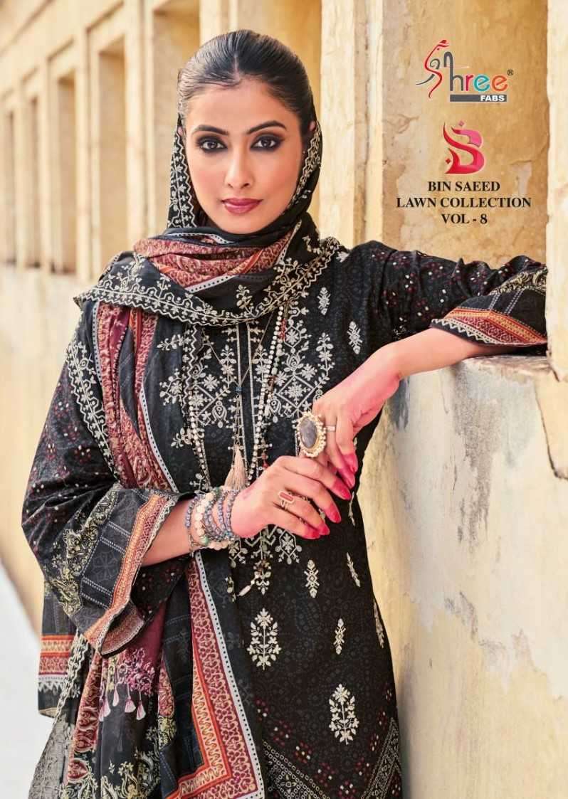 shree fab bin saeed lawn collection vol 8 series 8001-8003 pure cotton suit 