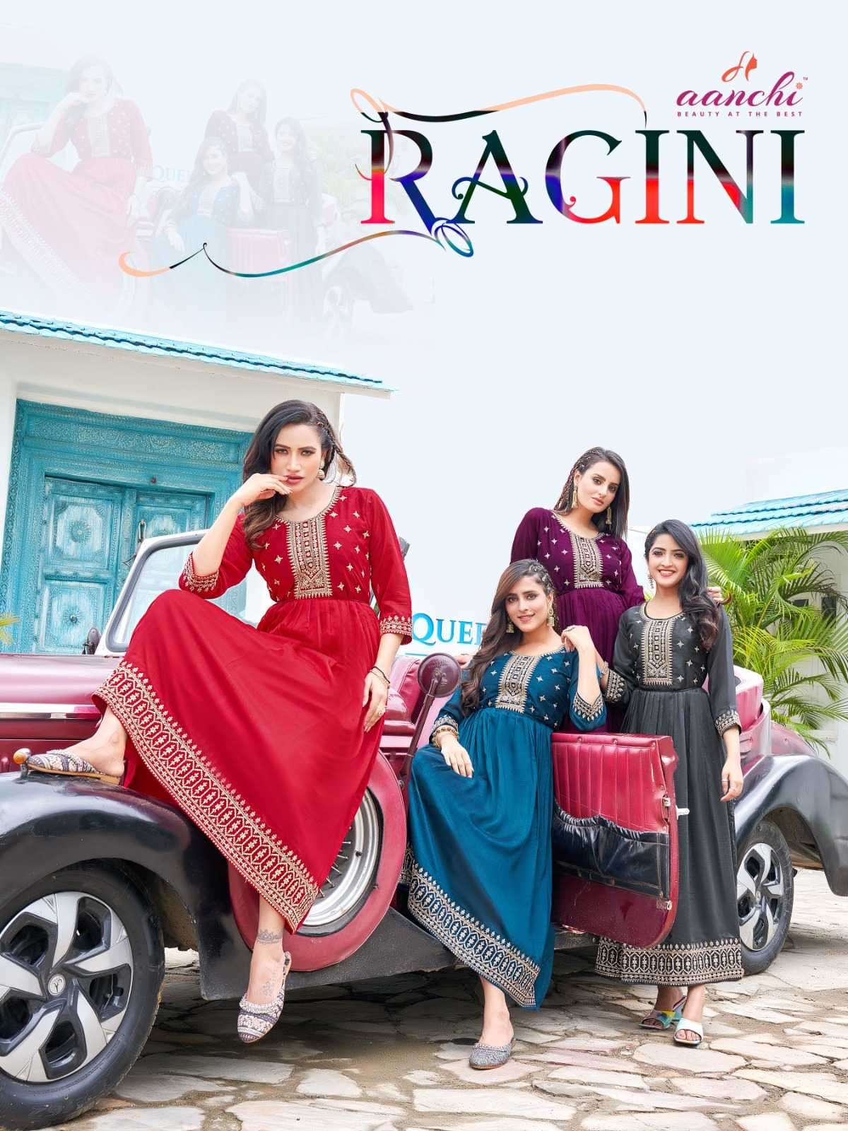 aanchi ragini series 1001-1005 Vichitra With Lining Flair Heavy Embroidery Work Kurti