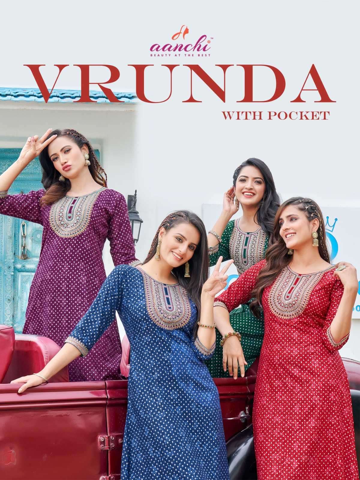 aanchi vrunda series 1001-1006 Reyon Print With Embroidery Work Flair Kurti