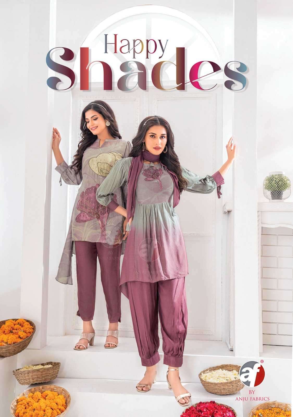 anju fab happy shades series 3401-3406 natural crape co-ord sets